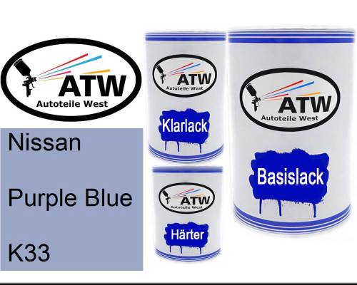Nissan, Purple Blue, K33: 500ml Lackdose + 500ml Klarlack + 250ml Härter - Set, von ATW Autoteile West.
